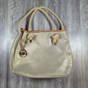 Michael Kors Isla Medium Grab Bag Satchel Shoulder Tote Bag Canvas Metallic Gold